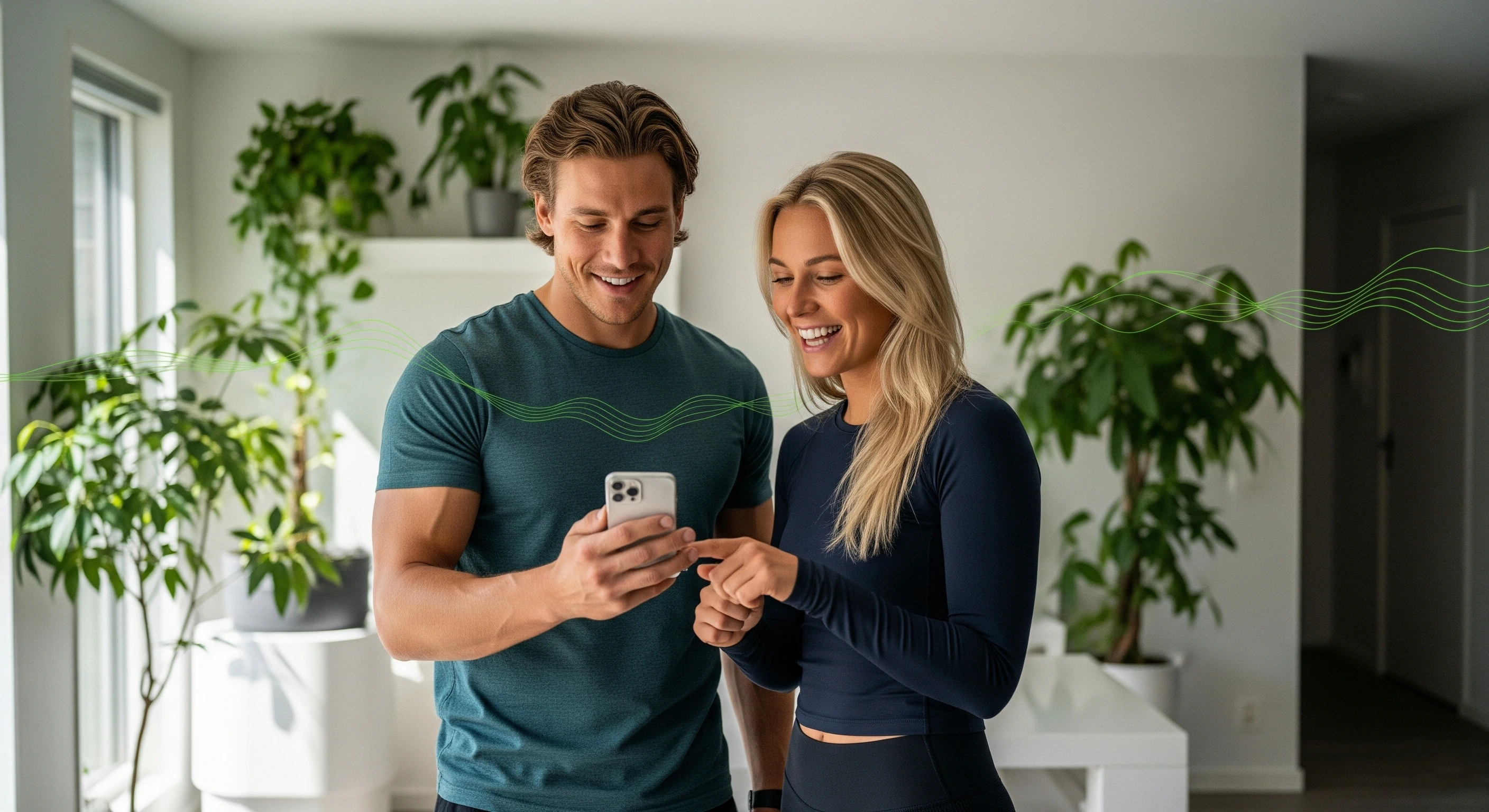 Paar schaut gemeinsam auf Smartphone mit grünen Wellengrafiken